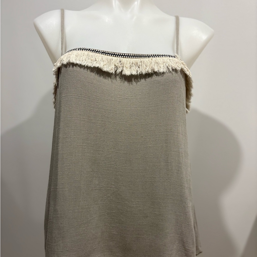 Lost in Lunar-Fringed Spaghetti-Strap Tank Top in Taupe